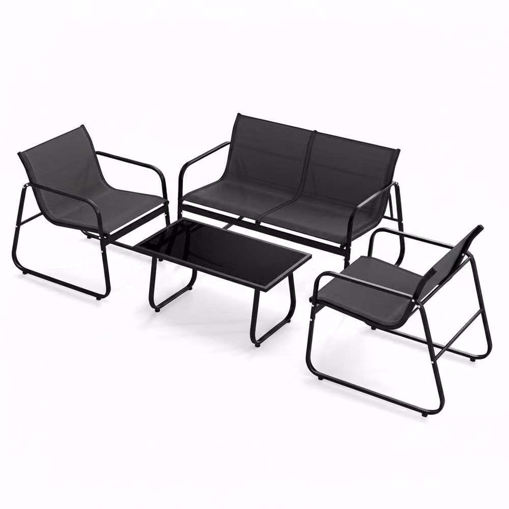 Costway 4-Piece Outdoor Furniture Set in Black with Metal Frame, Upholstered Cushions, 2-Seater Sofa, Armchairs and Coffee Table – 8