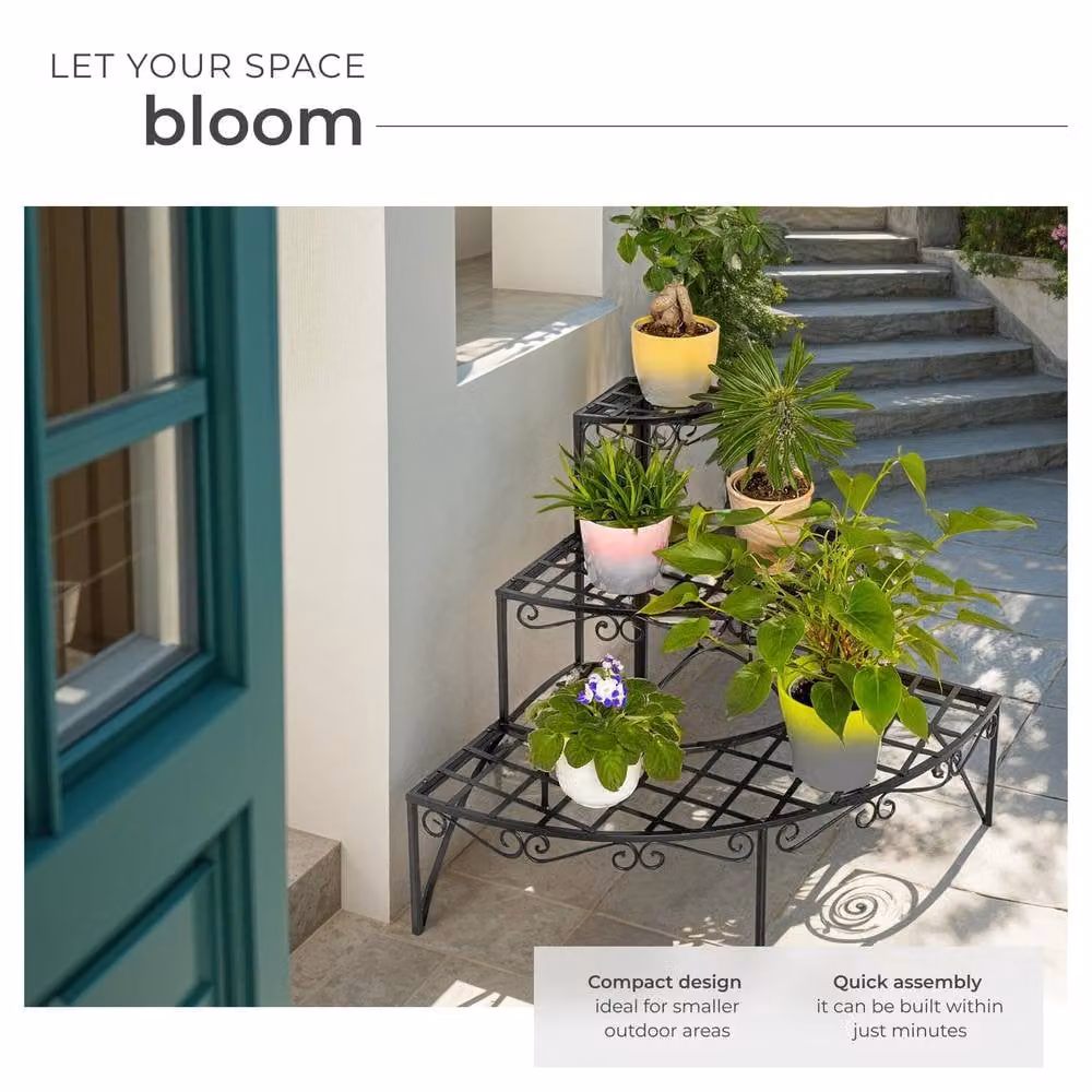tectake Aileen 3-Tier Corner Plant Stand in Matt Black Metal with Fan-Shaped Design, W/D/H: 60.0 x 60.0 x 60.0 cm – 3