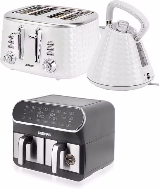 Geepas White Kitchen Appliance Set with 8L Dual Basket Air Fryer, 4 Slice Toaster and 1.5L Kettle