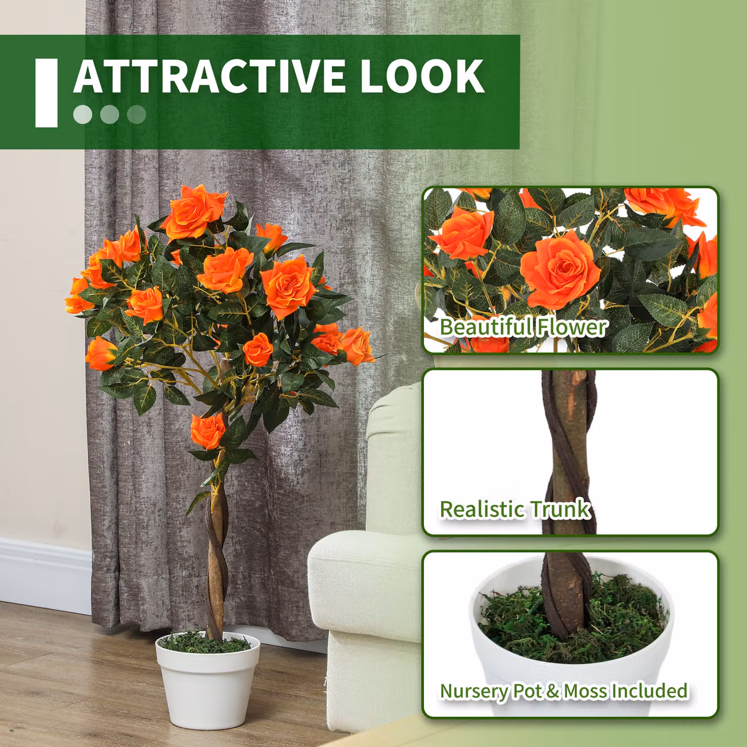 Outsunny Set of 2 Artificial White Rose Floral Plants in Orange Pots, Height: 90 cm – 4