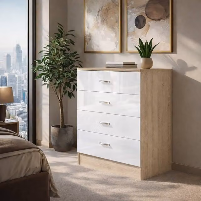 Harmin 4 Drawer Chest in High Gloss White and Sonoma Oak, H 68.5 cm x W 60 cm x D 40 cm