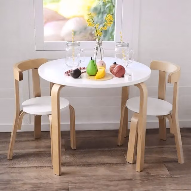 Livingandhome Birch Children's Table and Chairs Set in White and Natural Wood