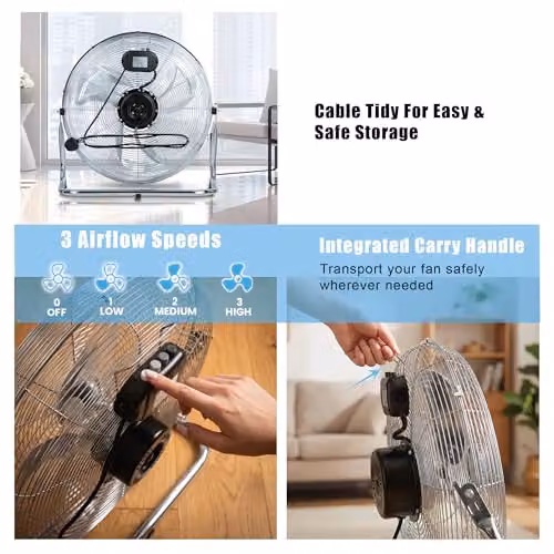 PureMate 20 inch Chrome Floor Fan in Silver and Black with 3 Speeds and Adjustable Head – 3
