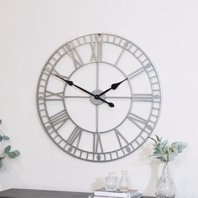 Melody Maison Silver and Black Vintage Metal Skeleton Wall Clock, W/D/H: 80 x 80 x 80 cm