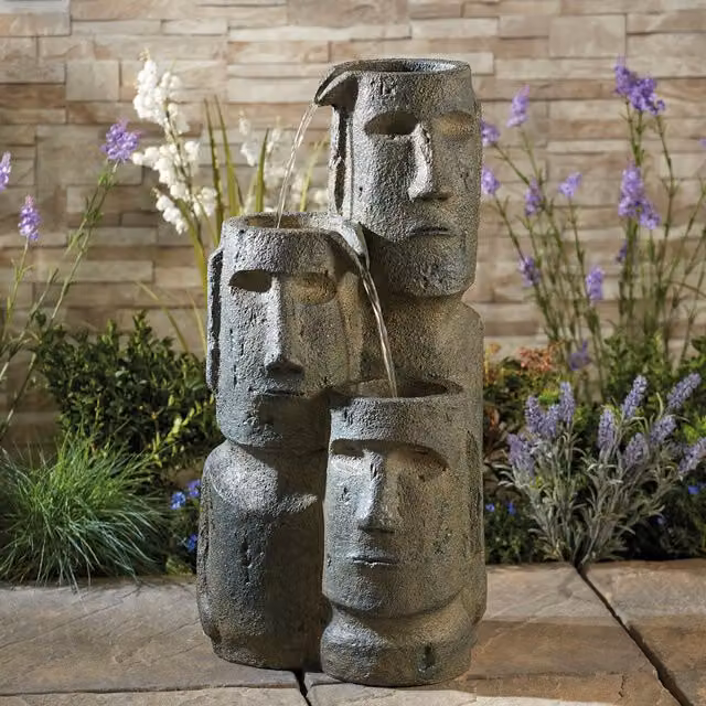 Serenity Easter Island Head Cascade Water Feature with LED Lighting in Grey