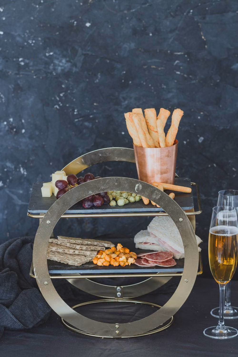 Artesa 2-Tier Round Slate and Wood Serving Stand Set in Anthracite and Gold – 2