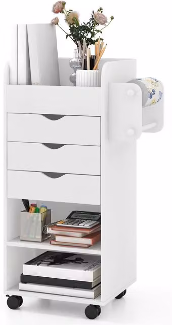 Gymax Rolling File Storage and Craft Utility Cart with 3 Drawers and Dowel Rods in White
