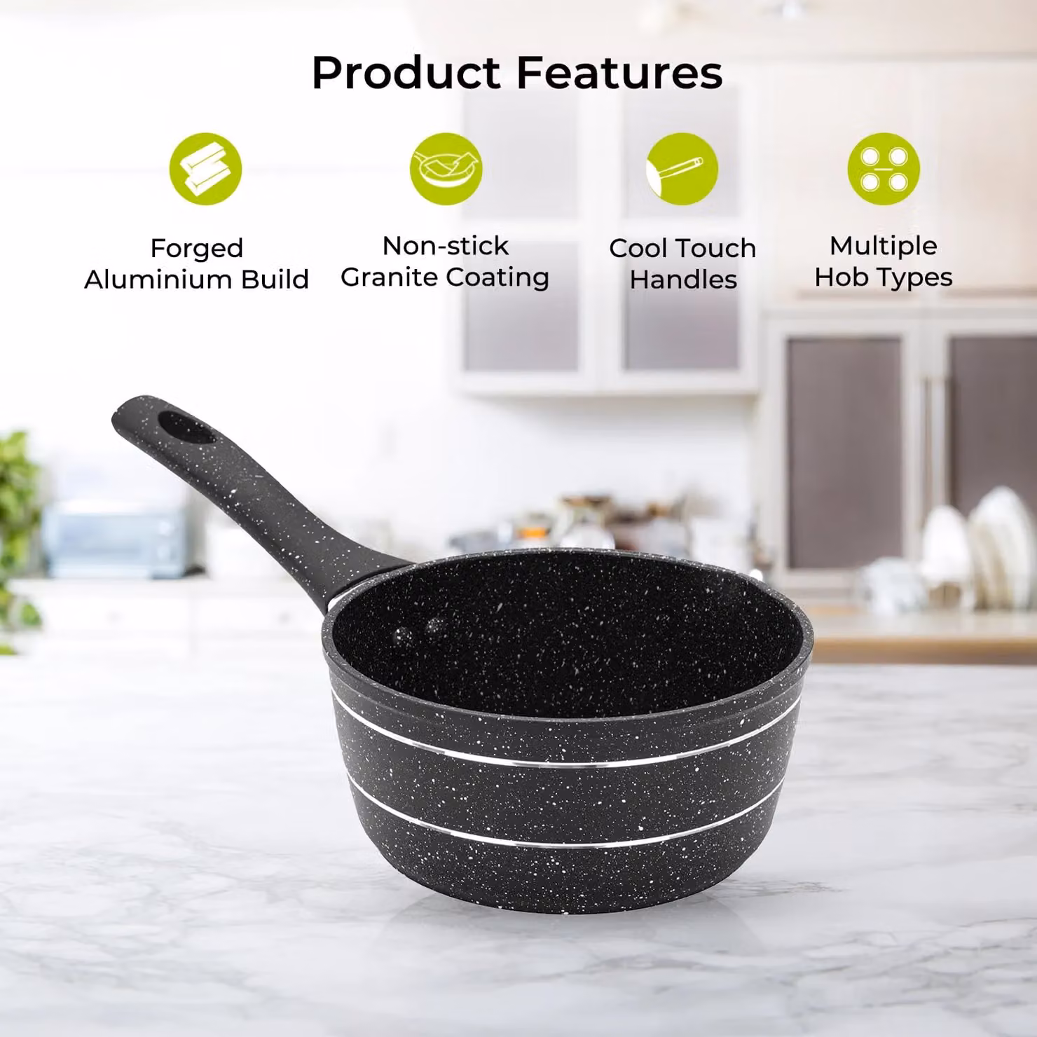 Royalford Non-Stick Multipurpose Saucepan with Pouring Spout, Black, Diameter: 18 cm – 2