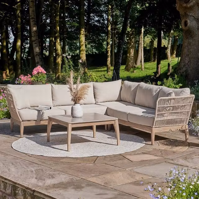 Moeven Modern Acacia Wood 5 Seater Outdoor Corner Seating Set in Grey and Beige