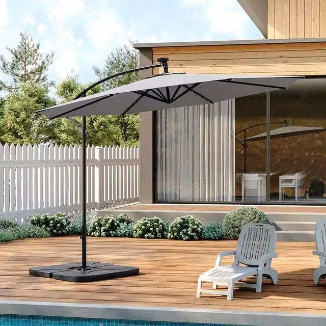 Livingandhome 3m Garden Parasol Umbrella with LED Light and Square Base, Grey
