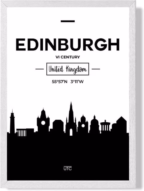 ARTZE Edinburgh Black and White City Skyline Framed Print, White Frame, A4 – 1