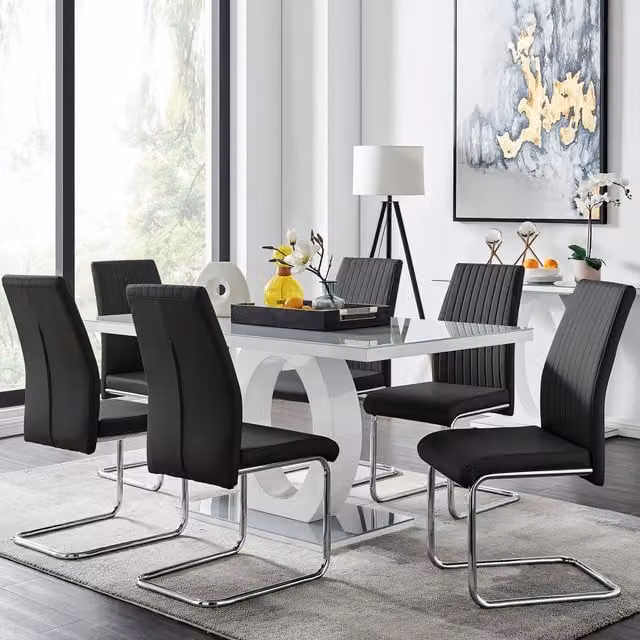 FurnitureboxUK Giovani Modern Grey Glass Rectangular Dining Table and Six Black Faux Leather Lorenzo Dining Chairs – 1
