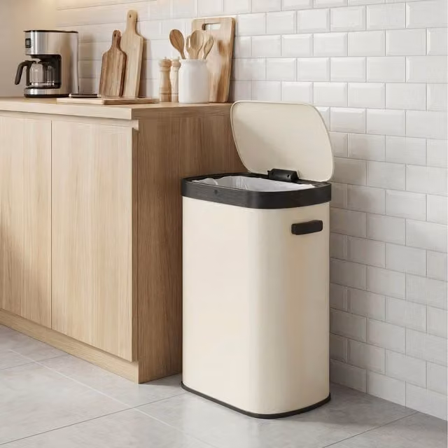 SONGMICS Automatic Sensor Trash Can, 50 L Kitchen Bin, Beige/White