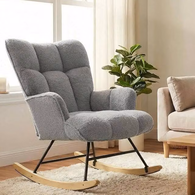 Alivio Grey Bouclé Teddy Rocking Chair with High Backrest and Armrests – 1