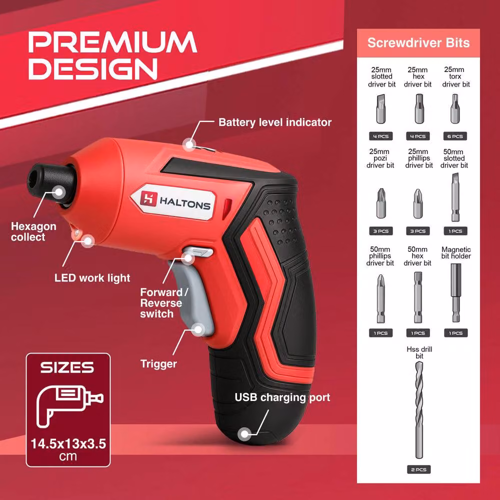 Haltons 25-Piece Red Cordless Electric Screwdriver Set with 3.6V Rechargeable Battery, 5.0Nm Torque and LED Light – 3