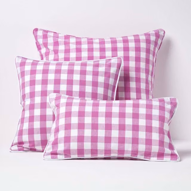 Homescapes Pink Cotton Gingham Rectangular Cushion Cover W/D/H: 60 x 60 x 60 cm
