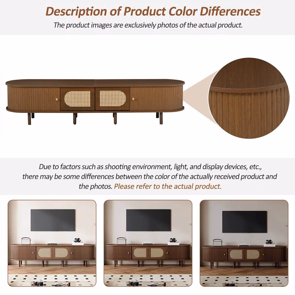 Rolipo Dark Walnut Oval TV Stand, Brown Rattan Lowboard for 80 Inch TVs, W: 180 cm, D: 40 cm – 2