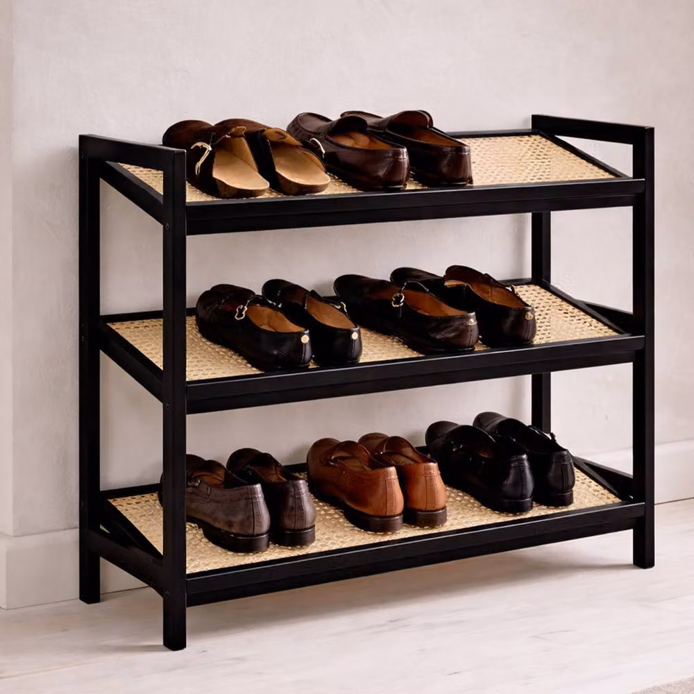 Keplin 3-Tier Bamboo and Rattan Shoe Organiser Rack in Black, W: 54 cm, H: 70 cm, D: 29 cm – 8