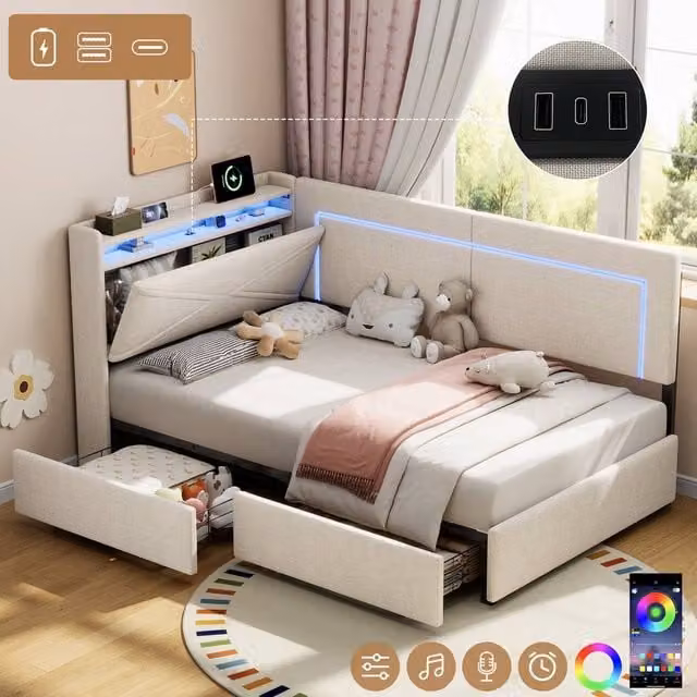 Matteo Beige Linen Single Daybed with USB Charging and Storage Drawers W/D/H: 90 x 190 cm