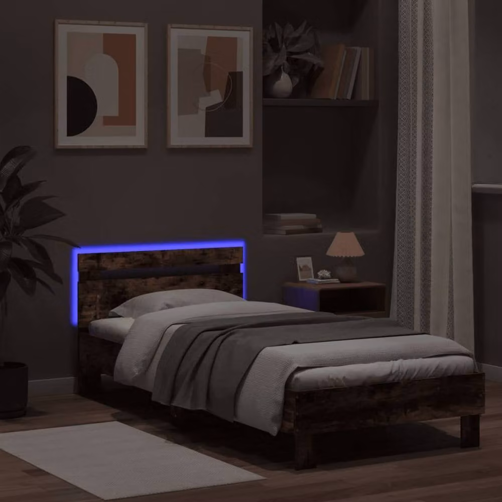 Berkfield Home Modern Small Single Bed Frame with LED Lights and USB Charging Port in Smoked Oak Brown, W: 75 cm, L: 190 cm – 4