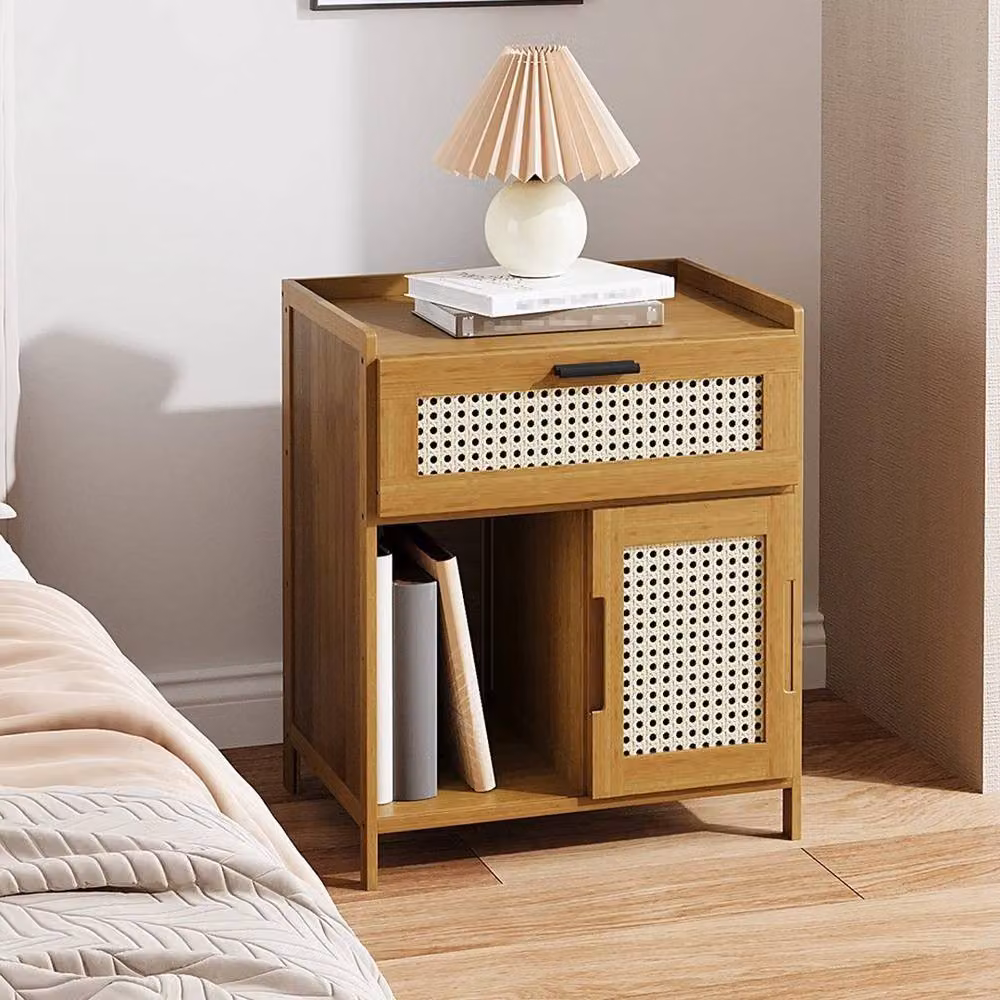 KORVIXA Natural Wood Bedside Table Cabinet with Storage Drawer in Brown – 3