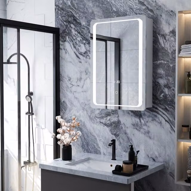 Livingandhome Modern Wall-Mounted LED Bathroom Mirror Cabinet in Silver