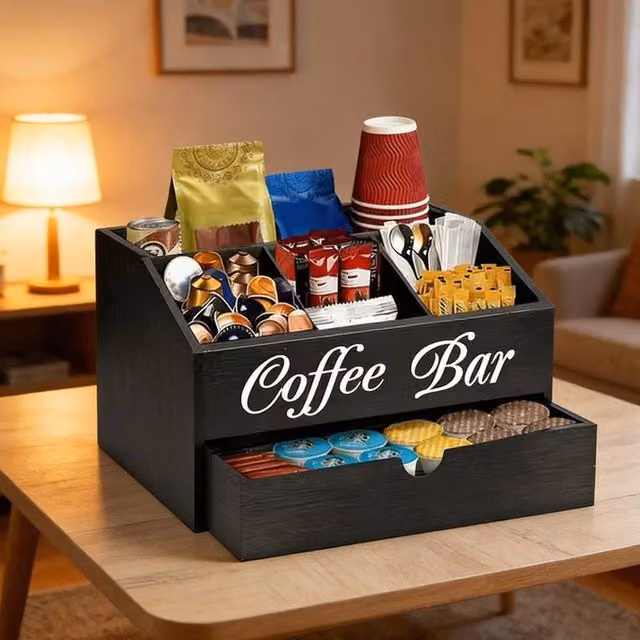 EONLION 2 Tier 5 Compartment Wooden Coffee Accessories Storage Caddy Organizer, Black