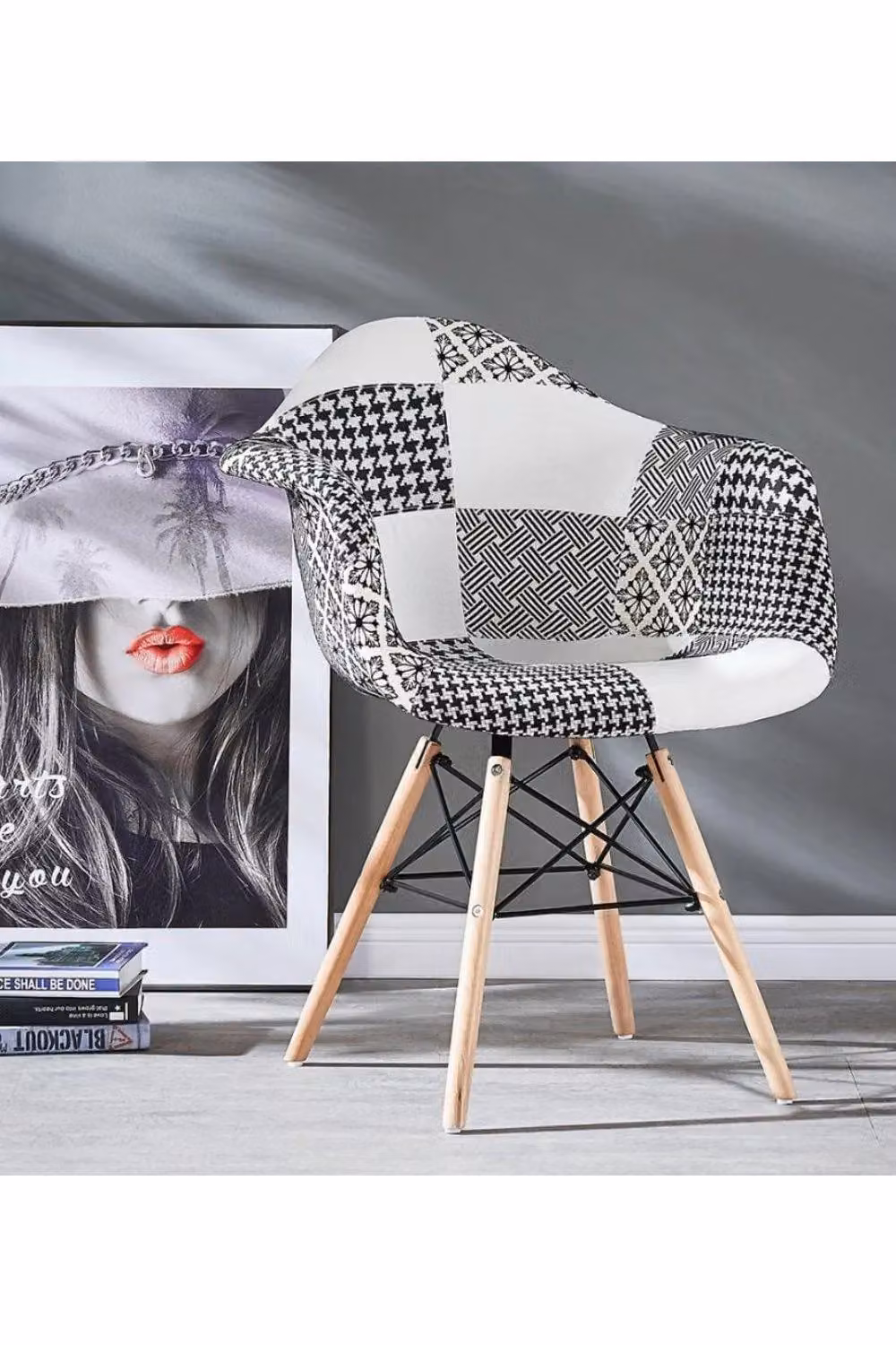 Life Interiors Set of 2 Chrono Patchwork Eiffel Tub Dining Chairs in Black, White and Multicolour with Wooden Legs and Metal Frame – 2