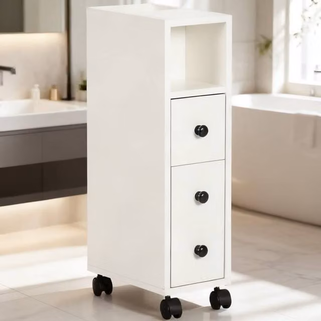 ERGOVEXA Slimline White Freestanding Bathroom Storage Cabinet with Doors and Drawers