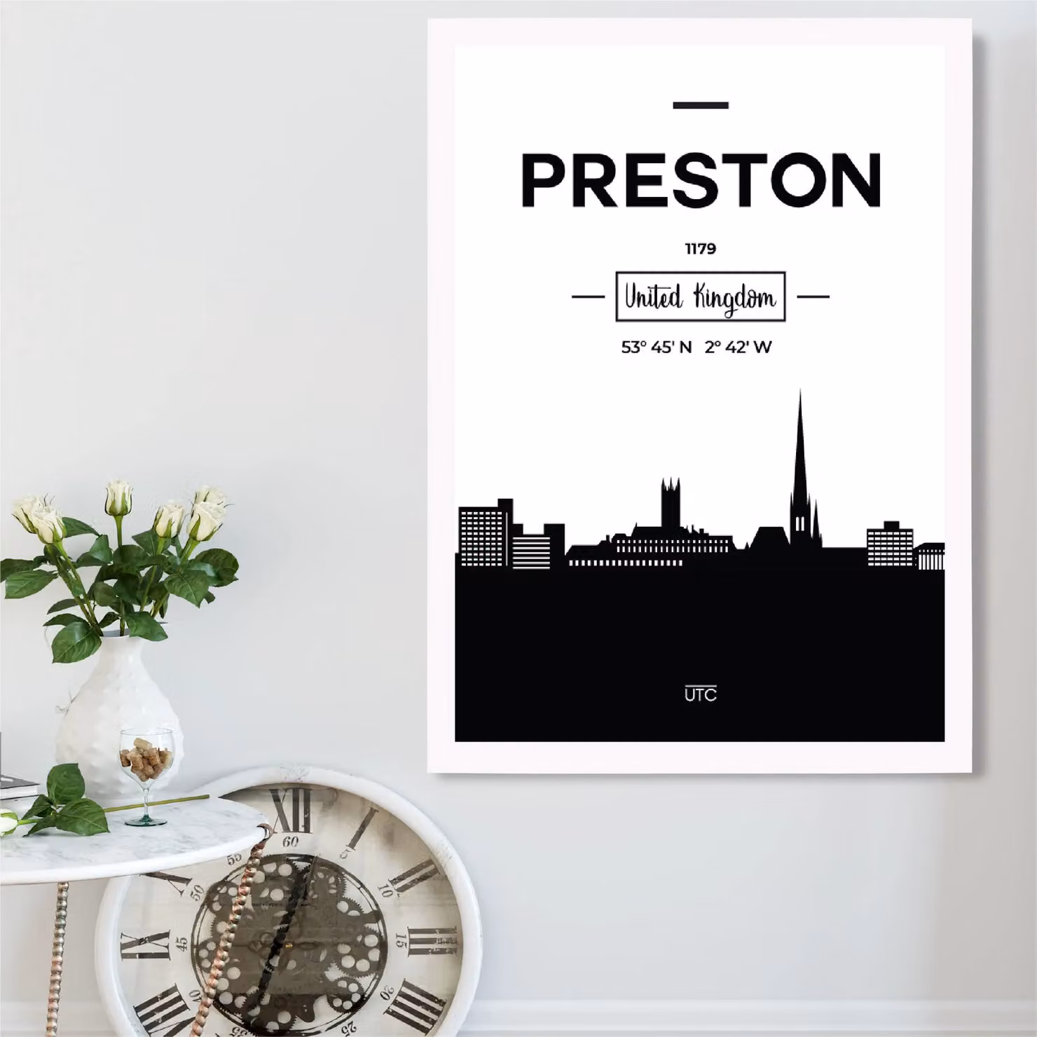ARTZE Preston Black and White City Skyline Framed Print with White Frame, A3 – 2
