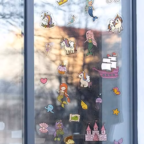 WALPLUS 28 Piece Multicolour Unicorn and Mermaid Window Stickers, Reusable and Removable Vinyl Gel Clings for Kids, Classrooms and Mirrors – 2