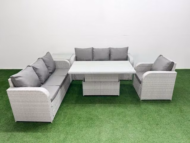 Fimous 7 Seater Poly Rattan Garden Furniture Set in Grey with Adjustable Lifting Dining or Coffee Table, 3 Seater Sofa and 3 Reclining Chairs