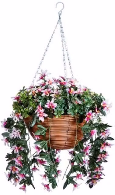 Garden Mile Artificial Star Gazing Lilies Hanging Basket in Green, Brown and Pink