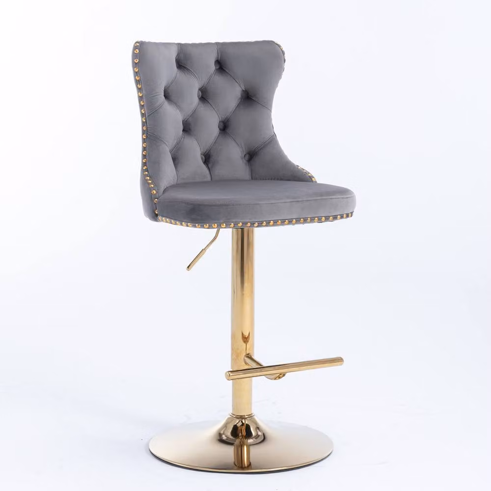 Modern Home Touch Set of 2 Grey Velvet Adjustable Swivel Bar Stools with Gold Metal Base – 2