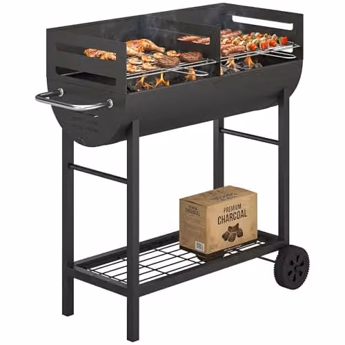 Outsunny Charcoal Barbecue Grill with 2 Cooking Areas and Wheels in Black or Grey – 1