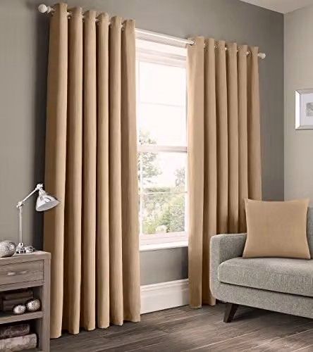 Velosso Plain 100% Pure Cotton Eyelet Curtains, Beige, W: 54 cm, H: 66 cm