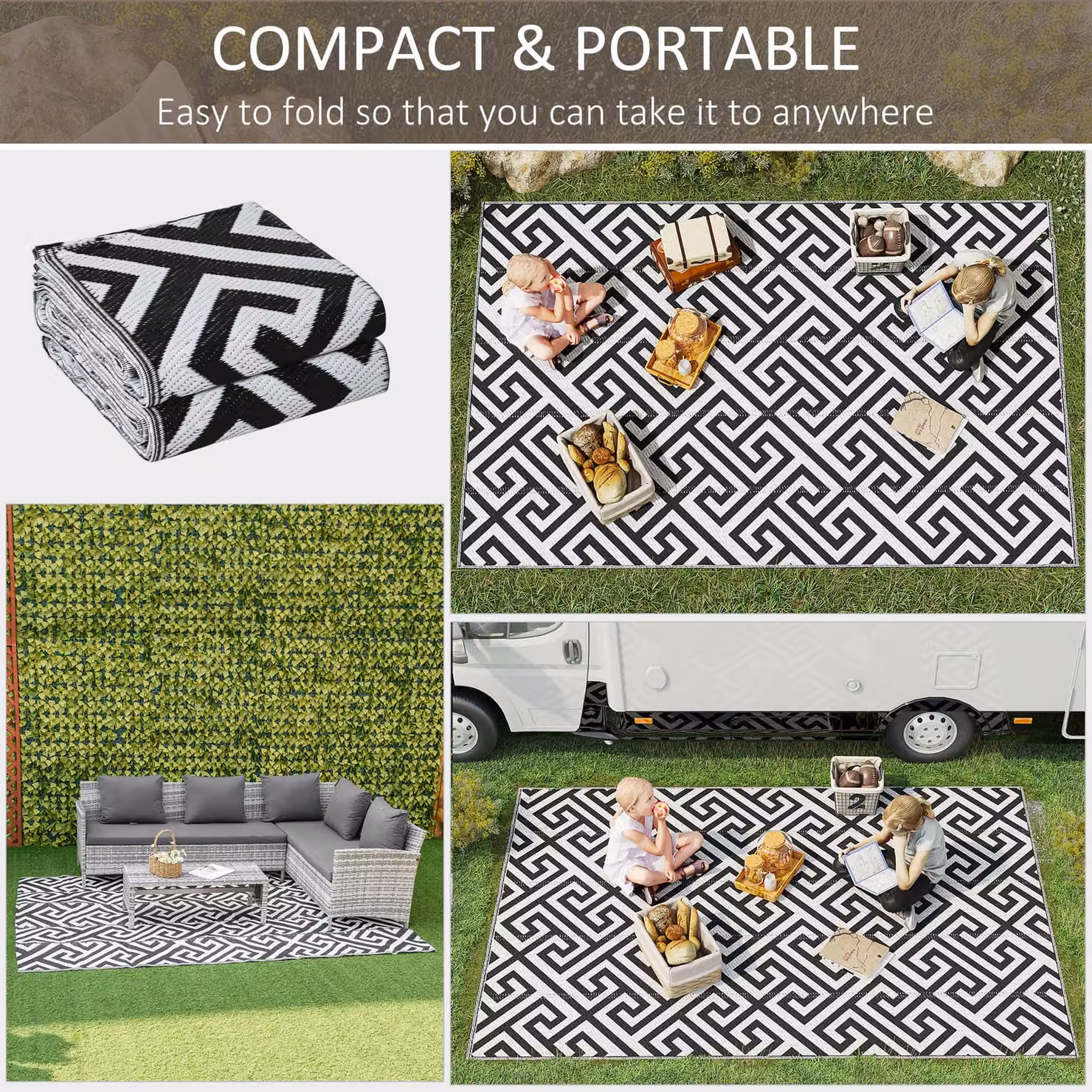 Outsunny Reversible Waterproof Outdoor Plastic Straw Rug in Black and White, 183 x 274 cm – 3