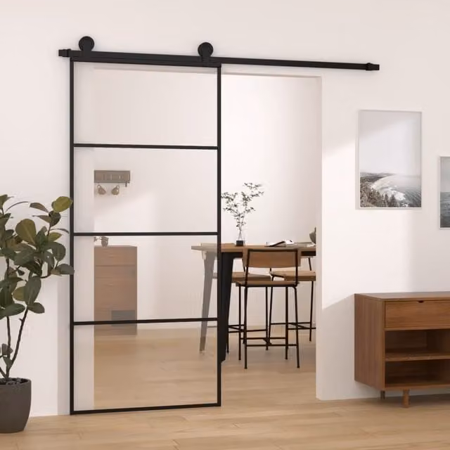Berkfield Home Modern Sliding Door with Hardware Set, Black ESG Glass and Aluminium, W: 90 cm, H: 205 cm