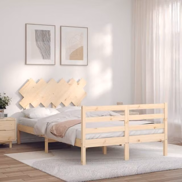 Berkfield Home Small Double Bed Frame with Headboard in Brown Solid Pine Wood, W/D/H: 120 x 200 cm – 1