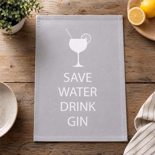 60 Second Makeover Limited Grey Save Water Drink Gin Cotton Tea Towel
