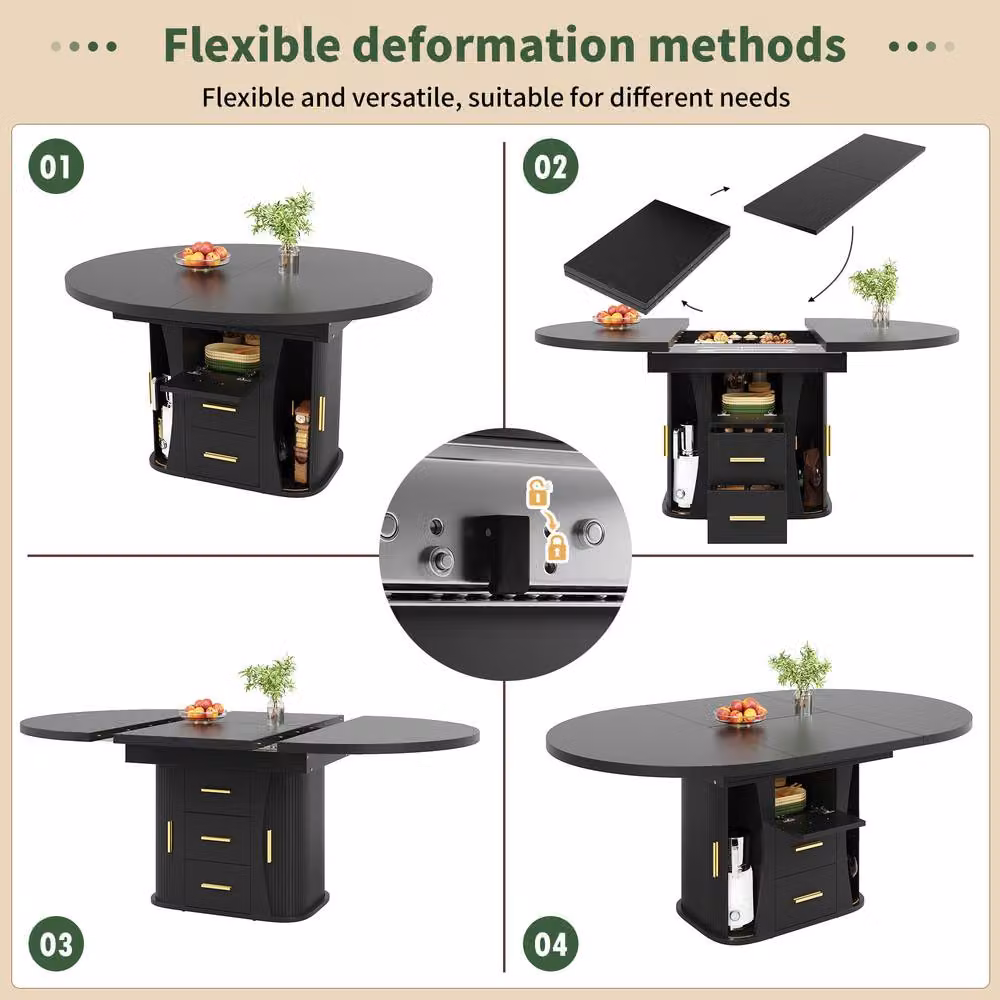 BTM Extendable Round Dining Table in Black with Lift Mechanism and 3-Tier Storage, W/D/H: 118 x 118 x 77 cm (Extends to 158 cm) – 9