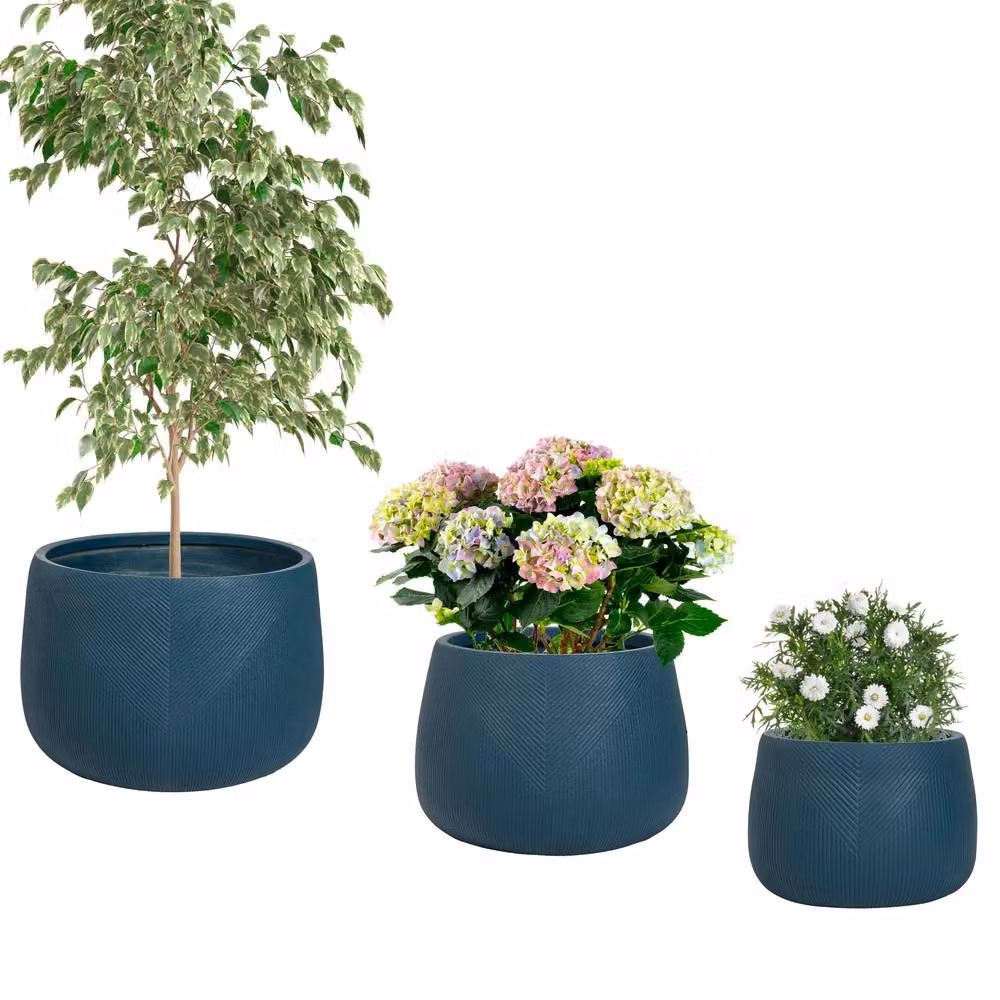 Dibor Set of 3 Blue Symmetry Stripe Fibreclay Outdoor Garden Planters – 2