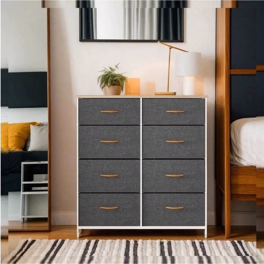 VOGREX 8 Drawer Bedroom Storage Chest with Black Steel Frame and Dark Grey Fabric Drawers – 2