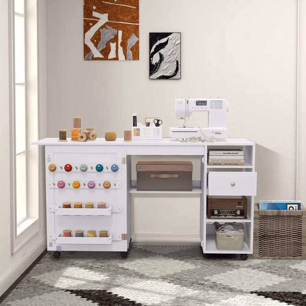 Costway Adjustable Rolling Sewing and Craft Desk with Folding Top and Trays in White – 2