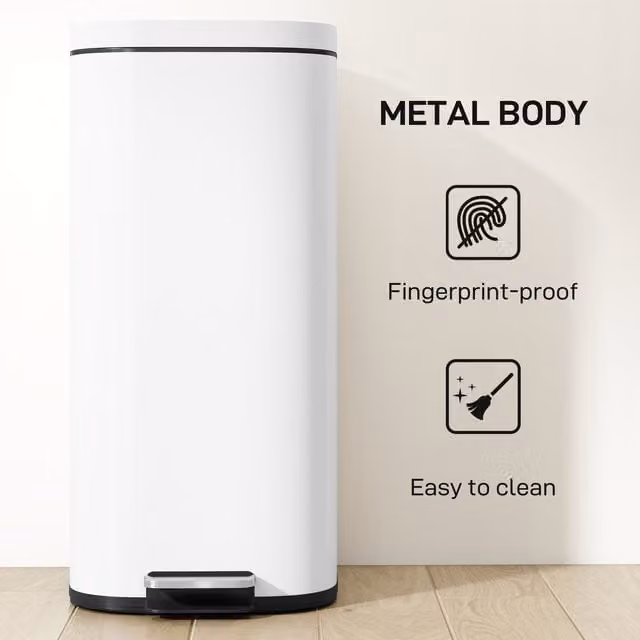 HOMCOM 30L White Kitchen Bin with Soft-Close and Fingerprint-Proof Metal Flip Lid