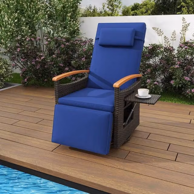 KORVIXA Blue Push Back Reclining Outdoor Swivel Chair with Acacia Wood and Rattan W/D/H: 100 x 100 x 100 cm