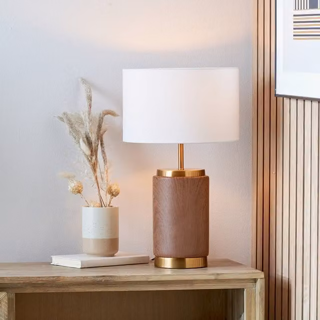 Pacific Lifestyle Brown Wood Effect Ceramic Table Lamp with Fabric Shade