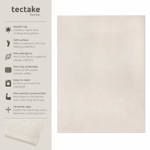 tectake Zonelle Fluffy Rug in Beige or Grey, Washable and Non-Slip Polyester Carpet, W: 140 cm, D: 200 cm – 1