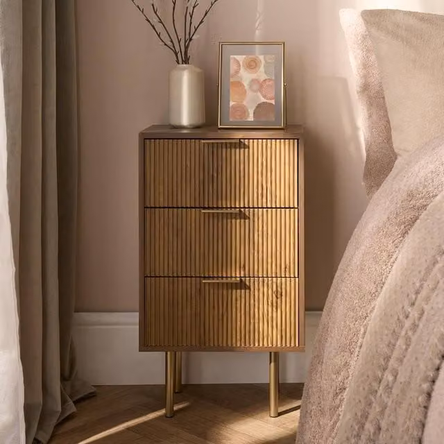 OHS Ribbed 3-Drawer Bedside Table and Office Nightstand in Walnut Brown