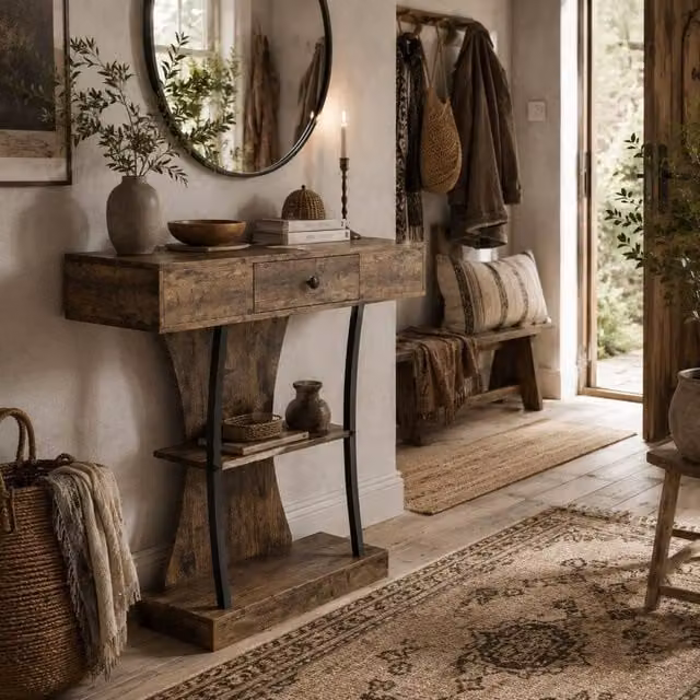 Wyld Haus Rasana 3 Tier Industrial Console Table in Brown and Black with Drawer and Shelves